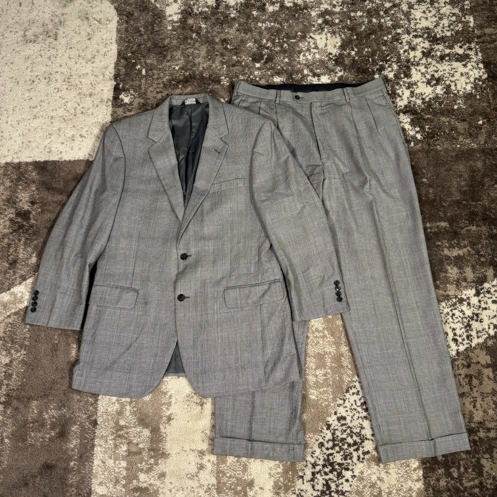 Jos A Bank Signature Suit Mens 42L Blazer 36 Waist Gray Windowpane Wool Business
